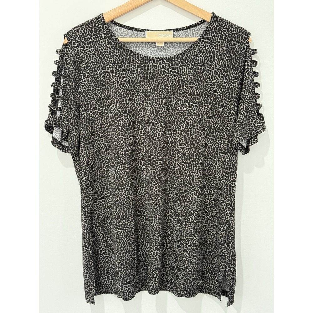 Michael Kors Short Sleeve Blouse Womens Large Leopard Print Slinky Knit Designer